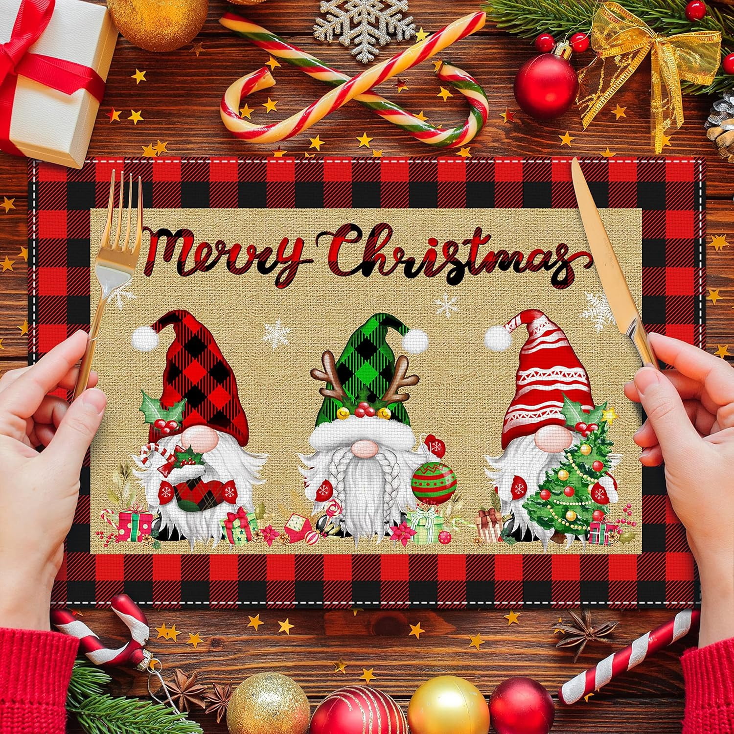 Rdsfhsp Christmas Placemats Set of 6, Merry Christmas Gnome Table Mats Kitchen Mat for Dining Table, Linen Snowflake Gnome Dining Place Mat Table Decoration for Holiday Decor,12x18 inch