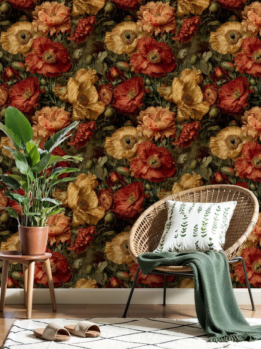 Vintage Peel and Stick Wallpaper Hyper Realistic Close Up Poppies Blooming Vibrant Colors Wall Mural 17.7in x 9.8ft Self Adhesive Removable Wall Paper Floral Contact Paper for Nursery Cabinets