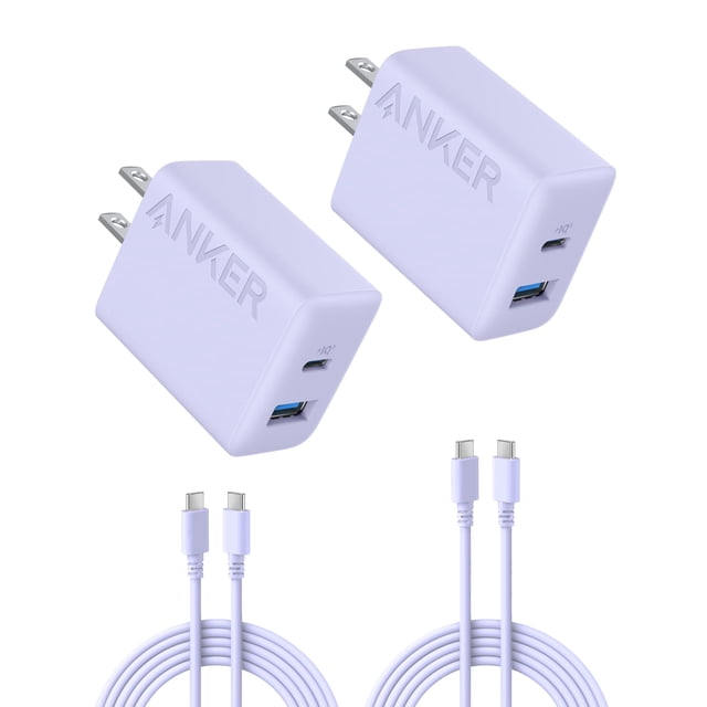 Cargador Anker para iPhone 16, 20 W, USB C, paquete de 2 con 2 cables, color morado