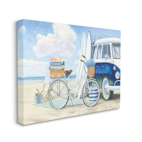 Stupell Industries Bike and Van Beach Nautical Blue White Painting Canvas Wall Art Design by James Wiens, 36" x 48"