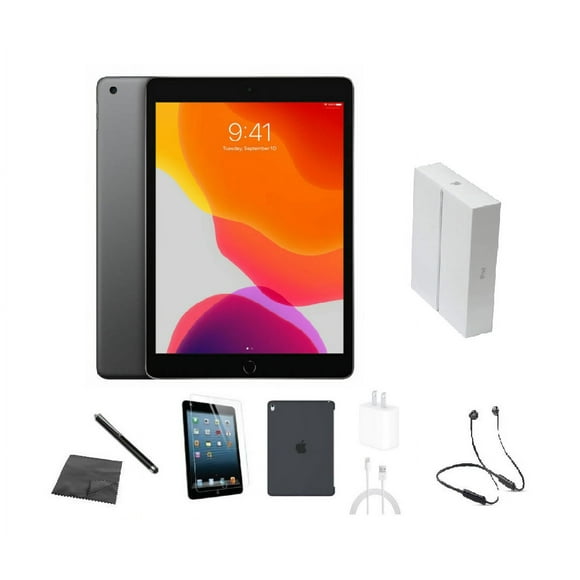 Refurbished Apple iPad 7th Gen A2197 (WiFi) 32GB Space Gray Bundle w/ Case, Box, Bluetooth Neckband Earbuds, Tempered Glass, Stylus, Charger