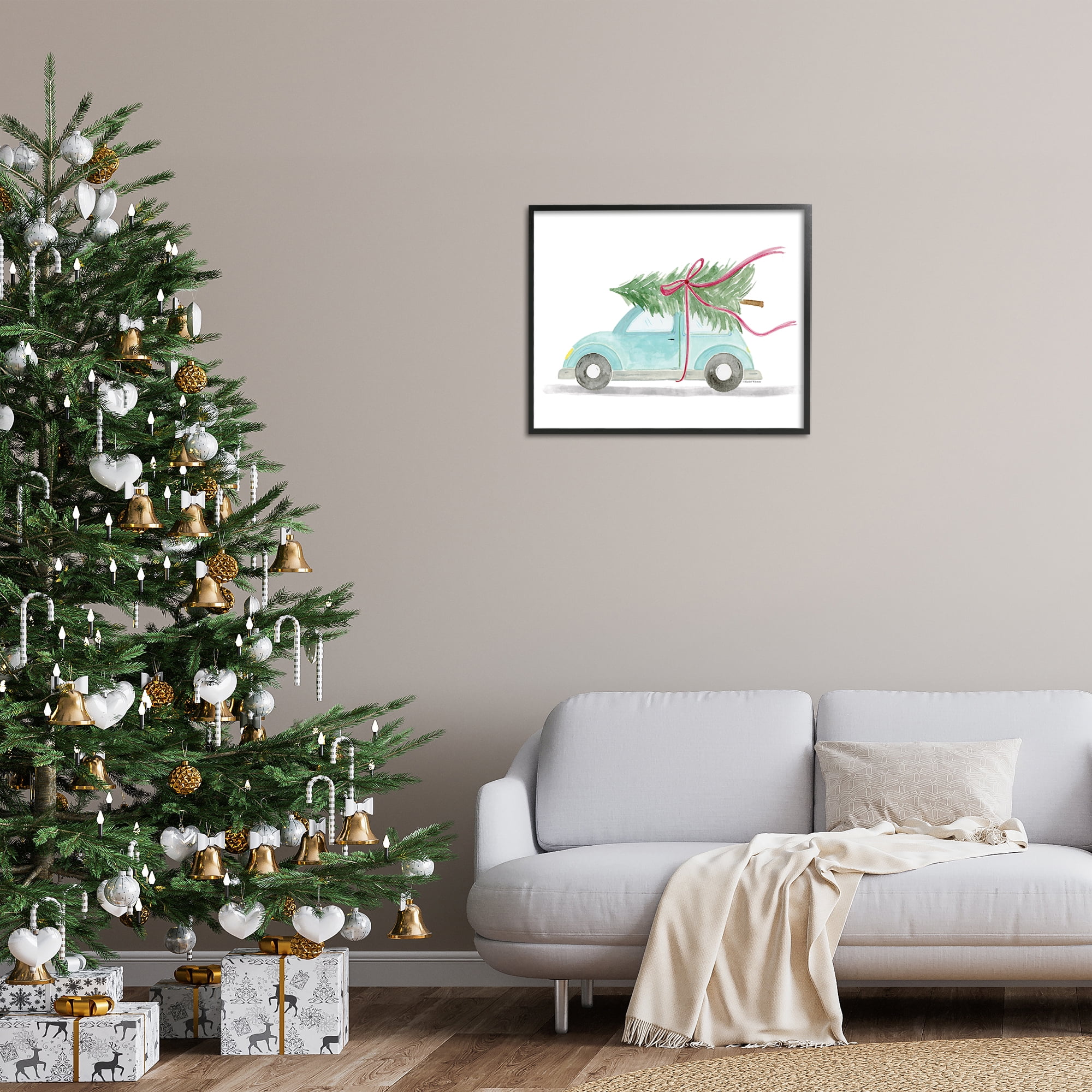 Stupell Industries Windblown Tree on Car Holiday Painting Black Framed Art Prints Wall Art, 30 x 24