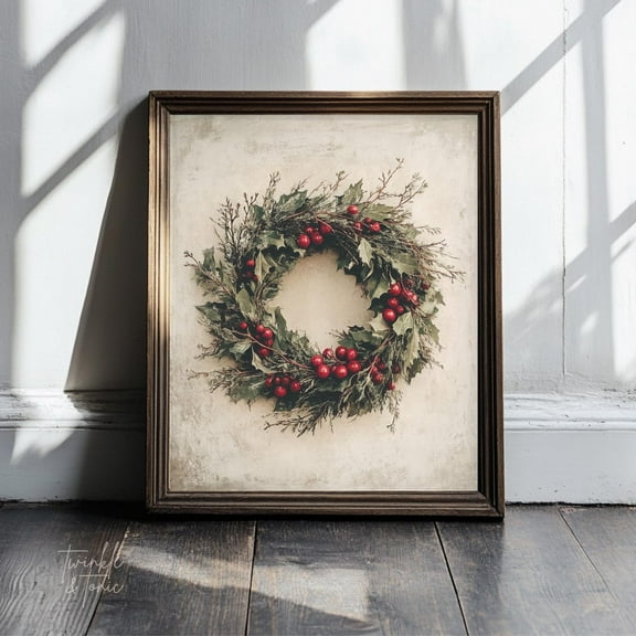 Winter Holiday Wreath Art Print Cozy Farmhouse Dã©Cor Rustic Winter Holiday Poster Moody Holiday Wall Art Vintage Seasonal Design UNFRAMED Poster, Wall Art for Decor, Present, 8x12
