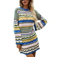 thumbnail image 2 of Women Crochet Knit Dress Long Sleeve Striped Round Neck Hollow Out Y2K Casual Mini Dress, 2 of 8