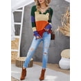thumbnail image 2 of Asyoly Women's Waffle Knit Distressed Sweater V Neck Long Sleeve Striped Color Block Ripped Pullover Sexy Loose Jumper Casual Knitwear Tops, 2 of 8
