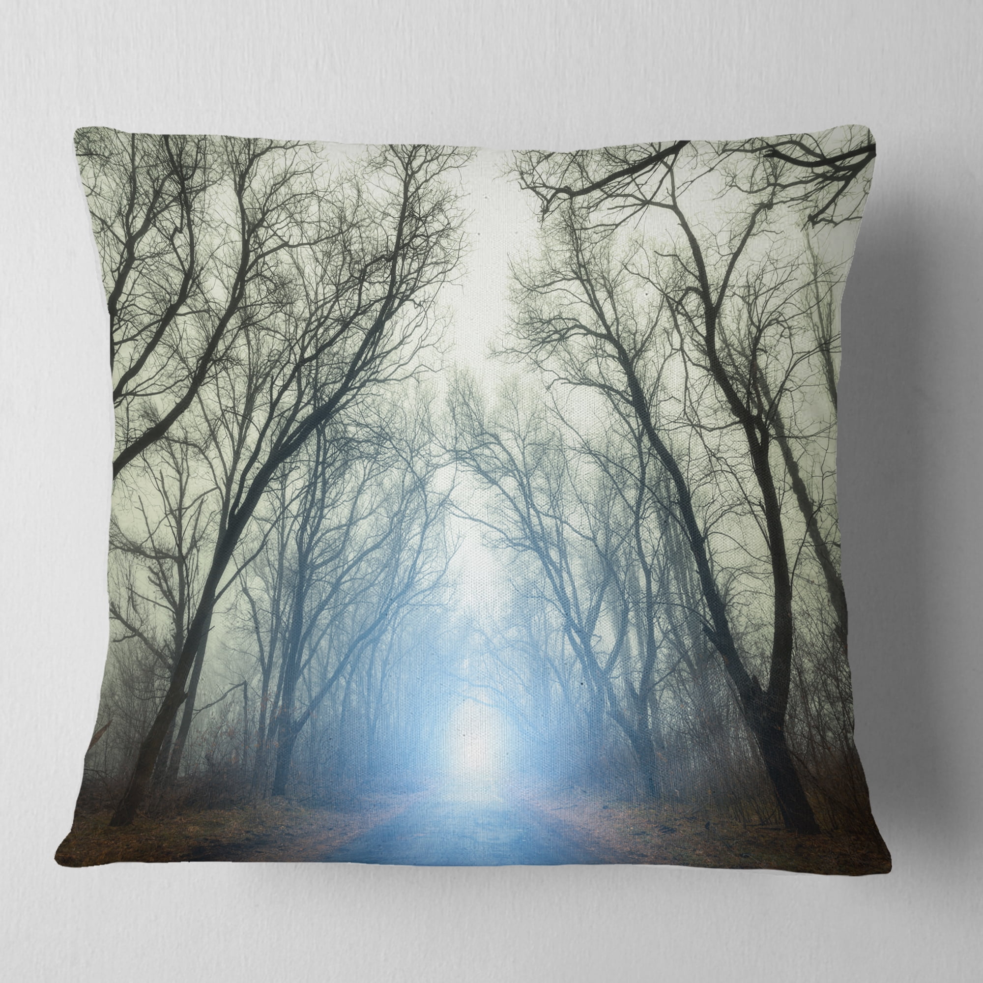 Designart Blue Light in Foggy Autumn - Landscape Photo Throw Pillow - 18x18