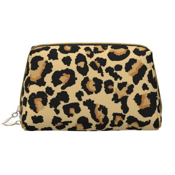 Easygdp Leopard Print Leather Makeup Bag Zipper Pouch Travel Cosmetic Organizer for Women and Girls, Make up Bag with Zipper