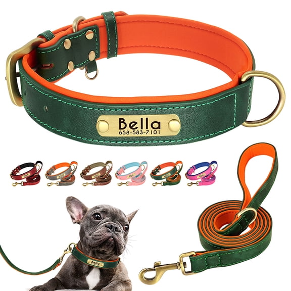 Pet Artist XS-XL Custom PU Leather Dog Collar and Matching Leash set Personalized Adjustable Pet Name Number Engraved Soft Padded