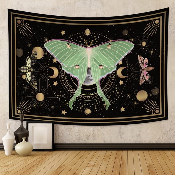 Tapiz de mariposa verde para dormitorio, tapiz de pared con diseño de polilla lunar, tapiz estético de fases lunares, tapiz de estrellas celestiales para colgar en la pared de la sala de estar,