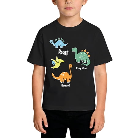 Hiijoy Black T Shirt for Boys Cute Dinosaur Short Sleeved Crew Neck Tee Shirt Sizes 2-14