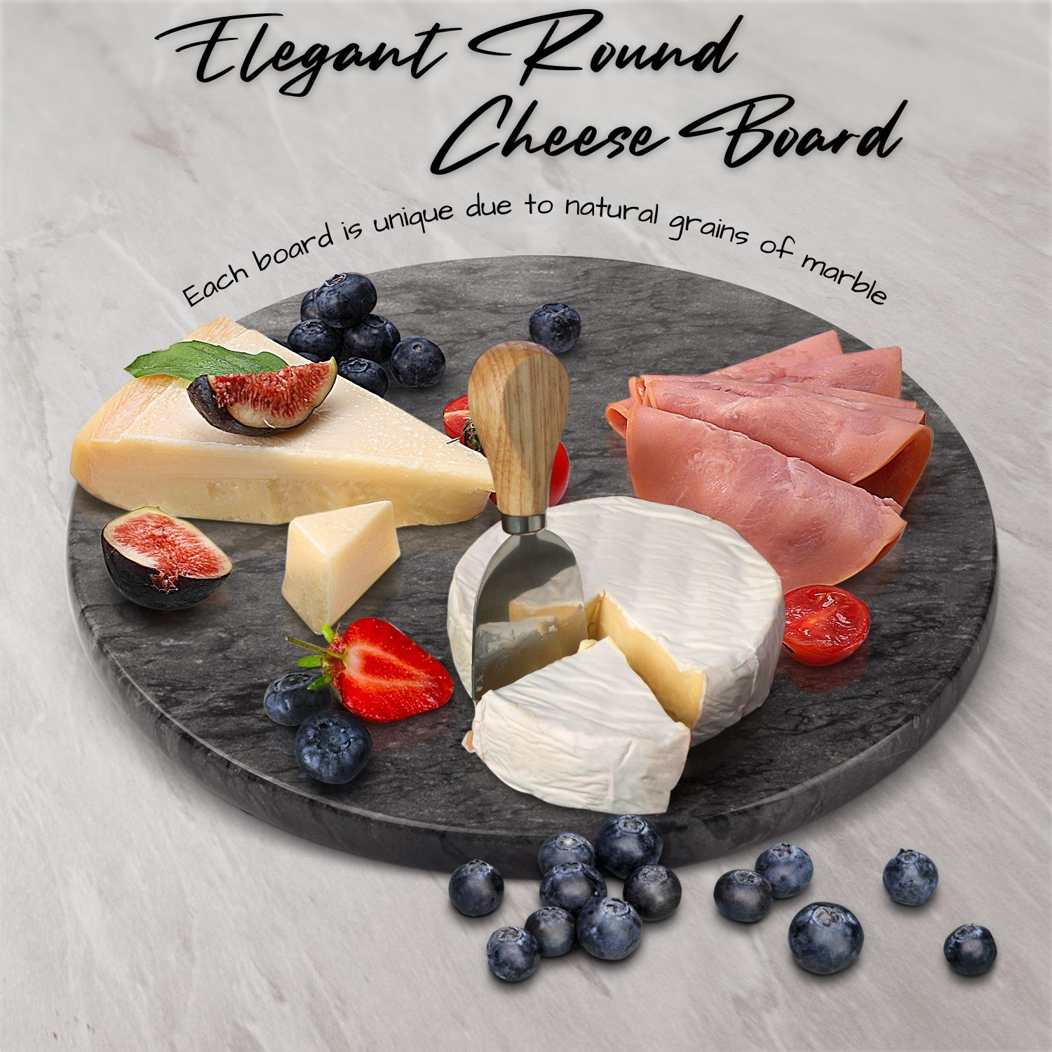 Marble Pastry Board - Black, 12 inch Round Non-Stick Stain & Heat Resistant Charcuterie Cheese Dough Cutting Serving Cutlery Board Tray for Parties, Kitchen