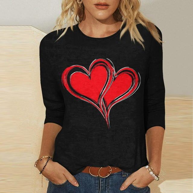 RKSTN Valentines Gifts 3/4 Length Sleeve Womens Tops Oversized Crewneck Valentine's Day Graphic Printed Short Sleeve T Shirt Womens Casual Round Neck Loves Heart Print Three Quarter Sleeve Shirts