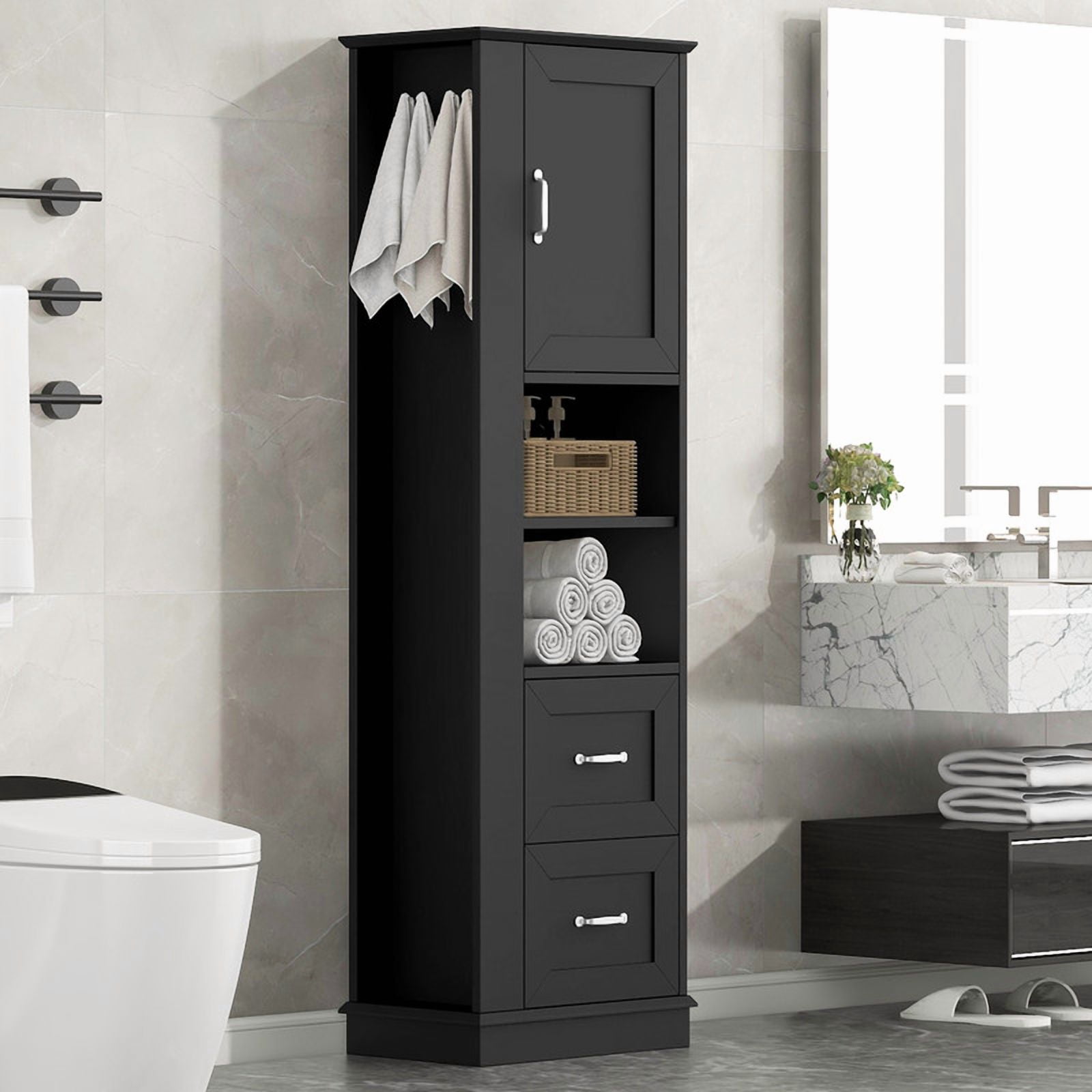 Freestanding Bathroom Storage Cabinet, Pantry Sideboard Storage Cabinet with Side Hooks, Drawers & Adjustable Shelf