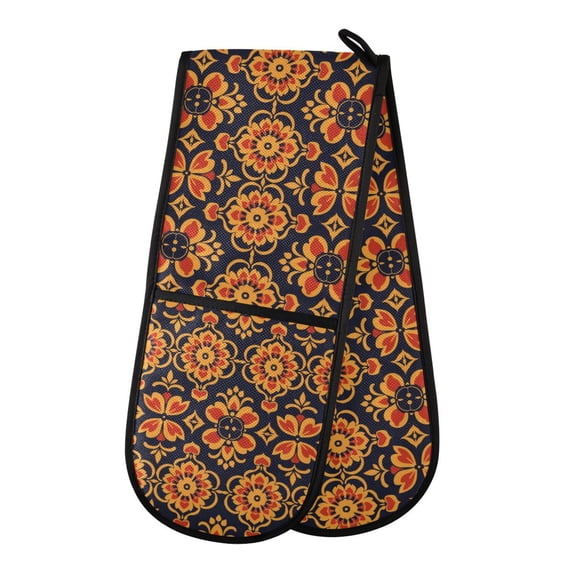 Dailycode Double Sided Oven Mitt with Loop Heat Resistant Kitchen Long Potholders 7" x 35" Folk Art Flowers