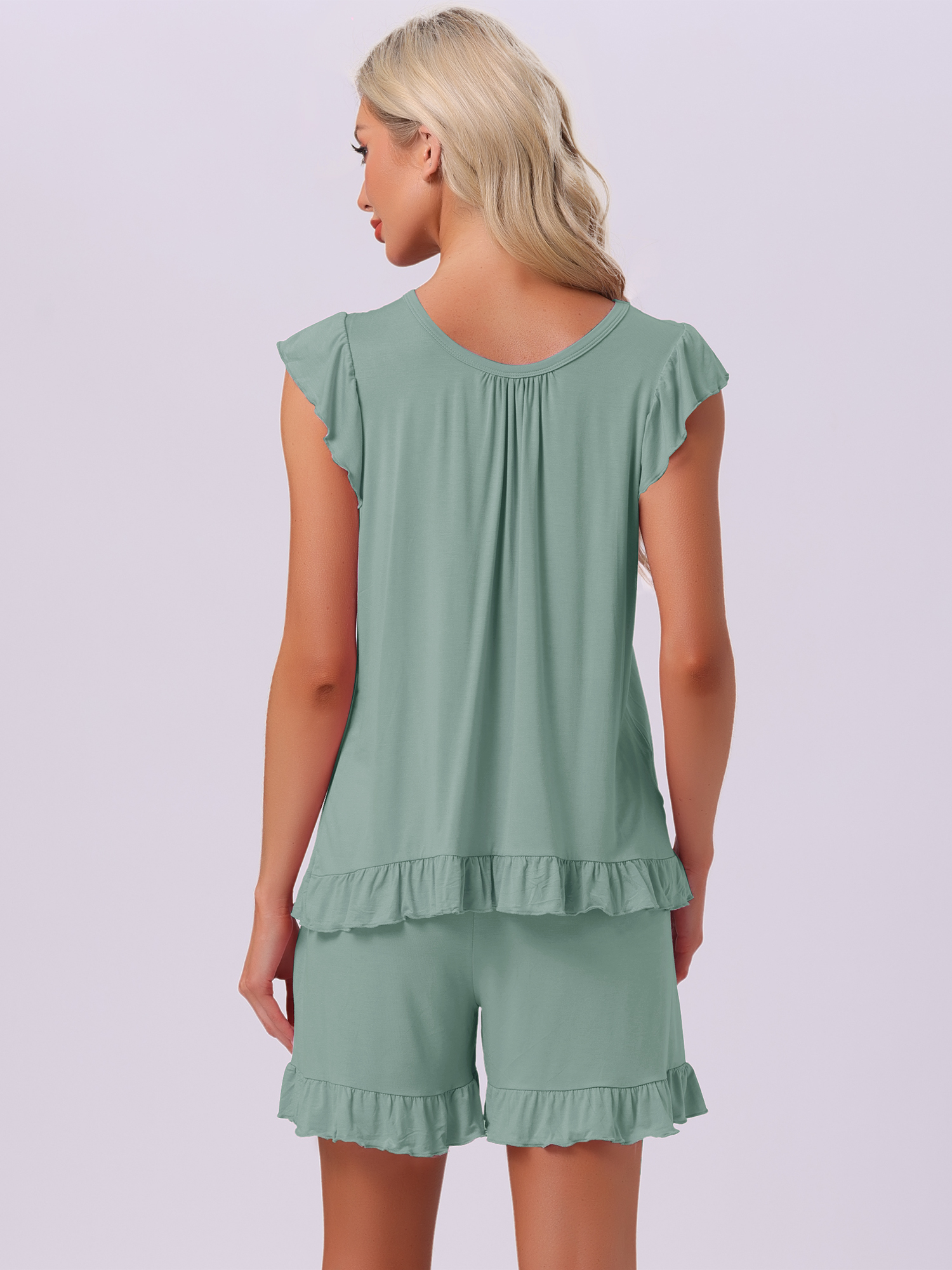 DARING DIVA Ruffle Trim Cap Sleeve Lounge Tops Shorts Pajama Sets 2XL Green
