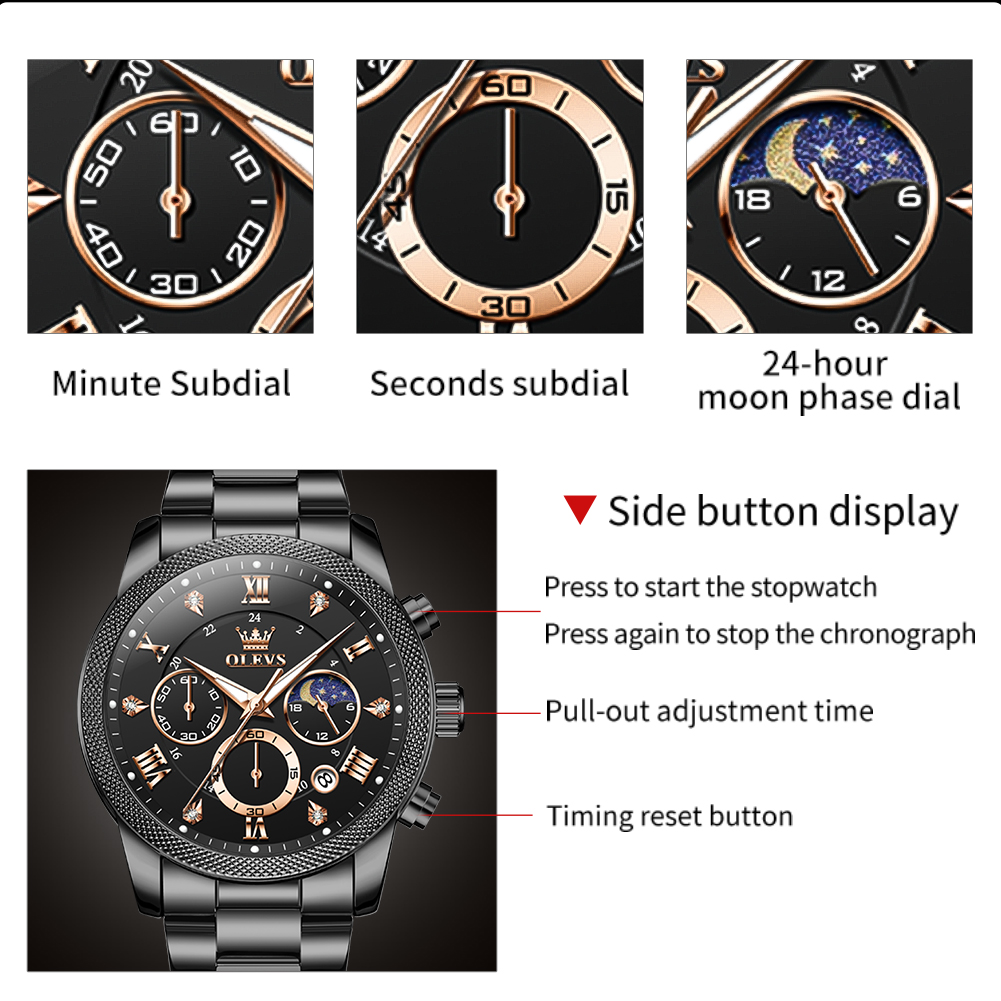 OLEVS Chronograph Watches for Men Fashion Dress Analog Quartz Moon Phase Stainless Steel Waterproof Luminous Date Luxury Mens Wrist Watches Reloj Para Hombre Rose/Black