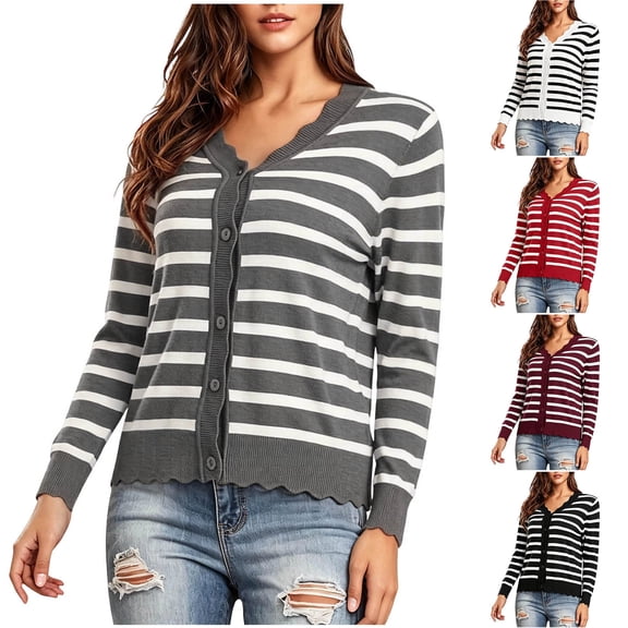 Hilenly Womens Striped Cardigan Sweaters Long Sleeve V Neck Lightweight Open Front Button Down Knit Cardigans