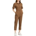 thumbnail image 4 of INSPIRE CHIC Women's Jumpsuit Short Sleeve Collared Button Down Tie Waist Cotton Cargo Jumpsuit S Brown, 4 of 7