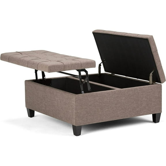 Homestock Island Oasis 36" Square Coffee Table Storage Ottoman, Fawn Brown Linen Look Fabric, 36"D x 36"W x 16.5"H, Large Storage