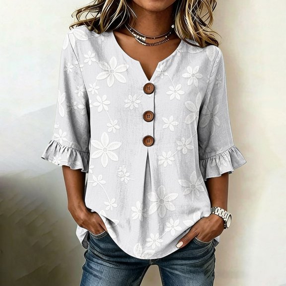 Ayolanni V-Neck T Shirts for Women Printed Casual Holiday 3/4 Sleeve Blouse Oversized Button Down Flutter Shirts 2026 Summer Tops Multicolor L