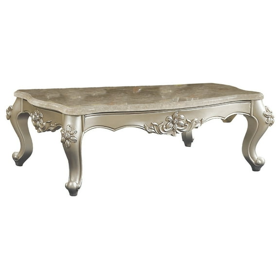 Benzara Traditional Style Rectangular Wood and Marble Coffee Table, Silver