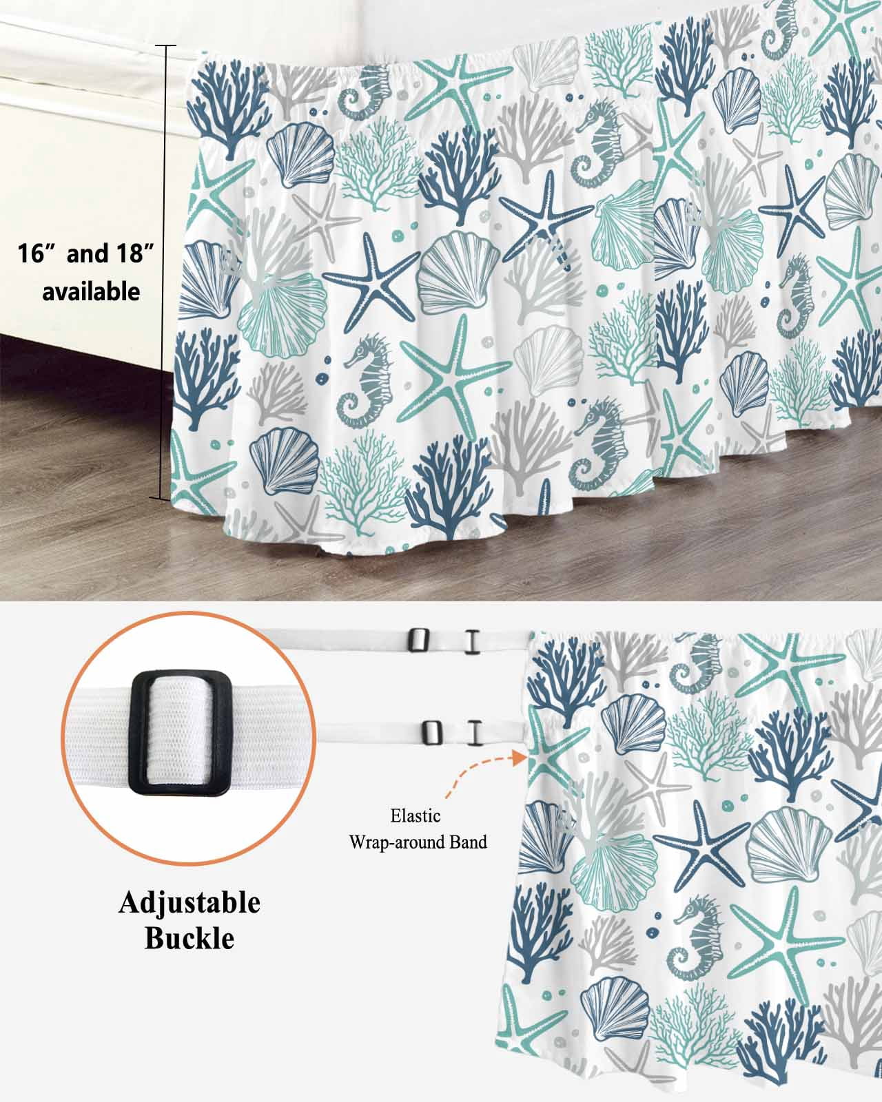 Blue Teal Coastal Bed Skirt Queen Size, Summer Beach Starfish Coral Nautical Wrap Around Bed Skirting with Adjustable Elastic Strap, Dust Ruffle Pleated Bedskirts 16 Inch Drop for Bedroom Queen Beds