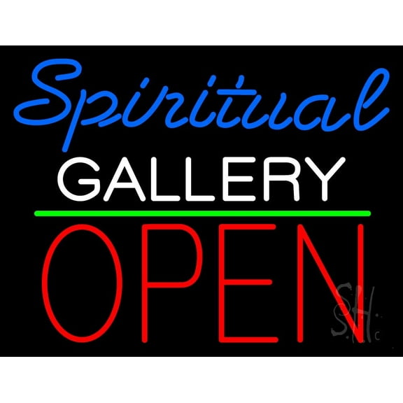 Blue Spritual White Gallery With Open 1 LED Neon Sign 15 x 19 - inches, Black Square Cut Acrylic Backing, with Dimmer - Bright and Premium built indoor LED Neon Sign for art gallery, and exhibition.
