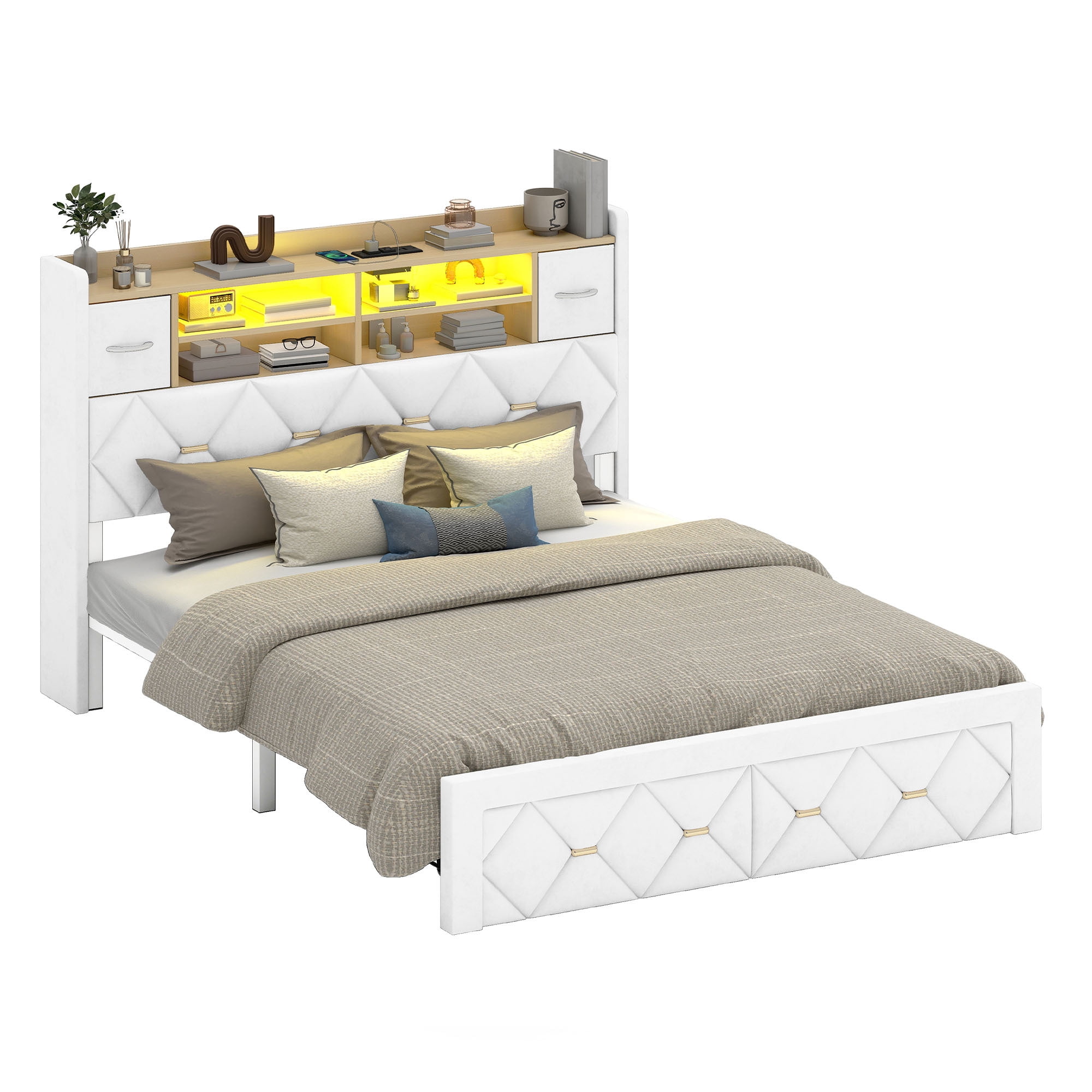 Uforic Full Size Bed Frame with Storage & Power Outlets, PU Leather Bed Frame with LED Lights, White