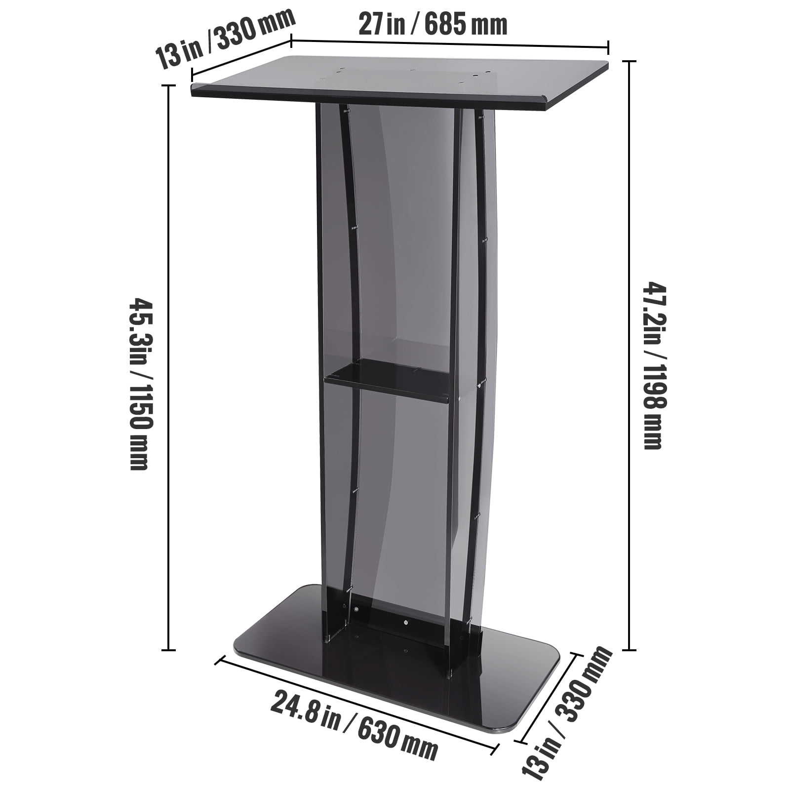 KFFKFF Acrylic Lectern 47 Inch Acrylic Lectern Stand Reading Surface Storage Rack Black