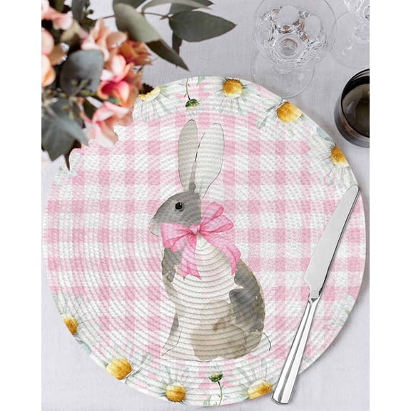 15 Inch Round Placemats Set of 4, Blue Easter Bunny Non Slip Heat Insulation PP Table Mats, Spring Daisy Modern Pink Buffalo Plaid Washable Place Mats for Kitchen Dining Party Table Decor