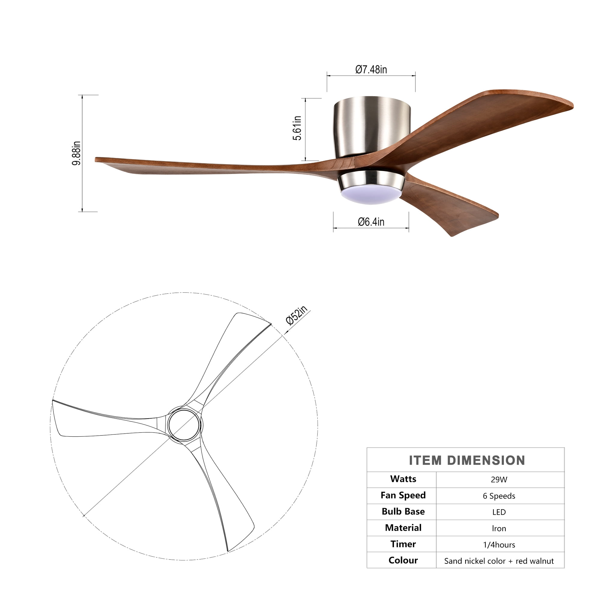 Leumius 52" Flush Mount Solid Wood Blades Ceiling Fan with Light and Remote Control,Quiet DC Motor 6 Speed Levels,Reversible for Patio Living Room Bedroom Office Nickel