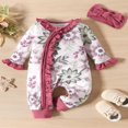 thumbnail image 2 of Newborn Baby Girls Long Sleeve Rompers Floral Print Ruffles Zipper Jumpsuits Bodysuit + Headband, 2 of 7