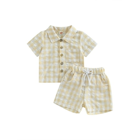 

Toddler Boys 2PCS Shorts Sets Short Sleeve Plaid Shirt and Drawstring Shorts Sets Summer Beach Clothes