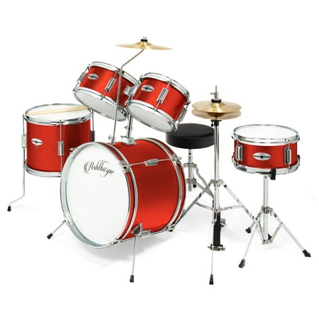 Ashthorpe 5-Piece Complete Junior Drum Set with Brass Cymbals and Drummer's Throne - Red