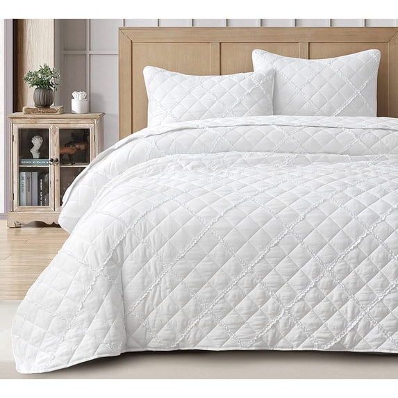 Chezmoi Collection Annabelle 3-Piece White Queen Size Quilt Set - Diamond Ruffle Stone-Washed Microfiber Soft Lightweight Quilted Bedspread Set for All Seasons