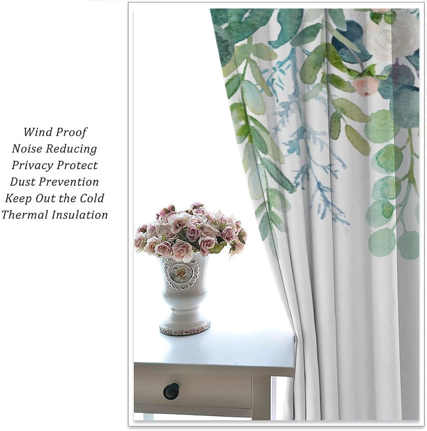 Floral Leaves Curtains Pink Flower Watercolor Leaves Nature Rustic Pattern Blackout Print Rod Pocket Window Drapes for Bedroom Living Room 42x54in