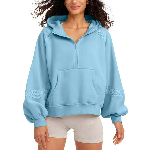 BiZtdJrK Women Half Zip Hoodie Sweatshirt Fleece Lined Workout Hoodies with Kangaroo Pocket Fall Winter Lightweight Pullover Tops Blue M