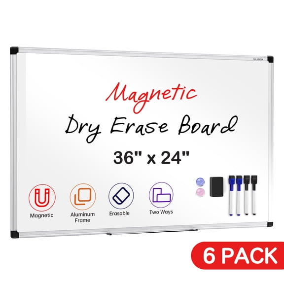 VUSIGN 6 Pack Magnetic Whiteboard, 36 X 24 Inches Dry Erase Board,Wall Mounted with Pen Tray, Silver Aluminium Frame
