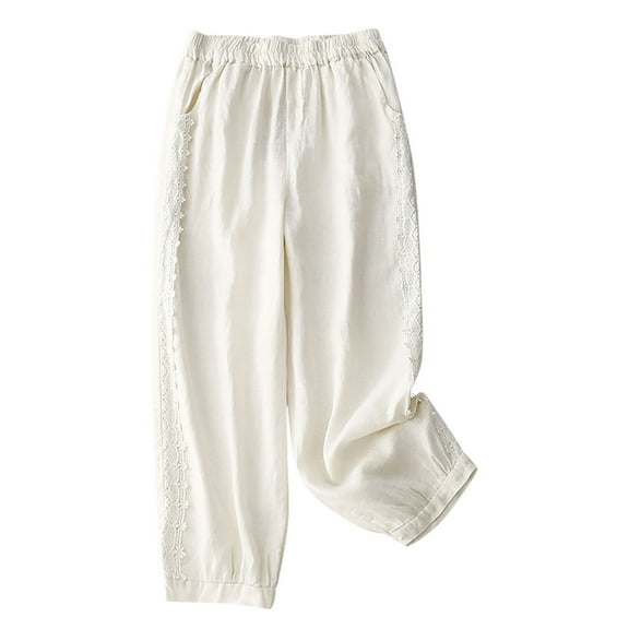 Diufon Cotton Linen Lounge Pants for Women Elastic Waist Drawstring Lace Patchwork Pants with Pockets