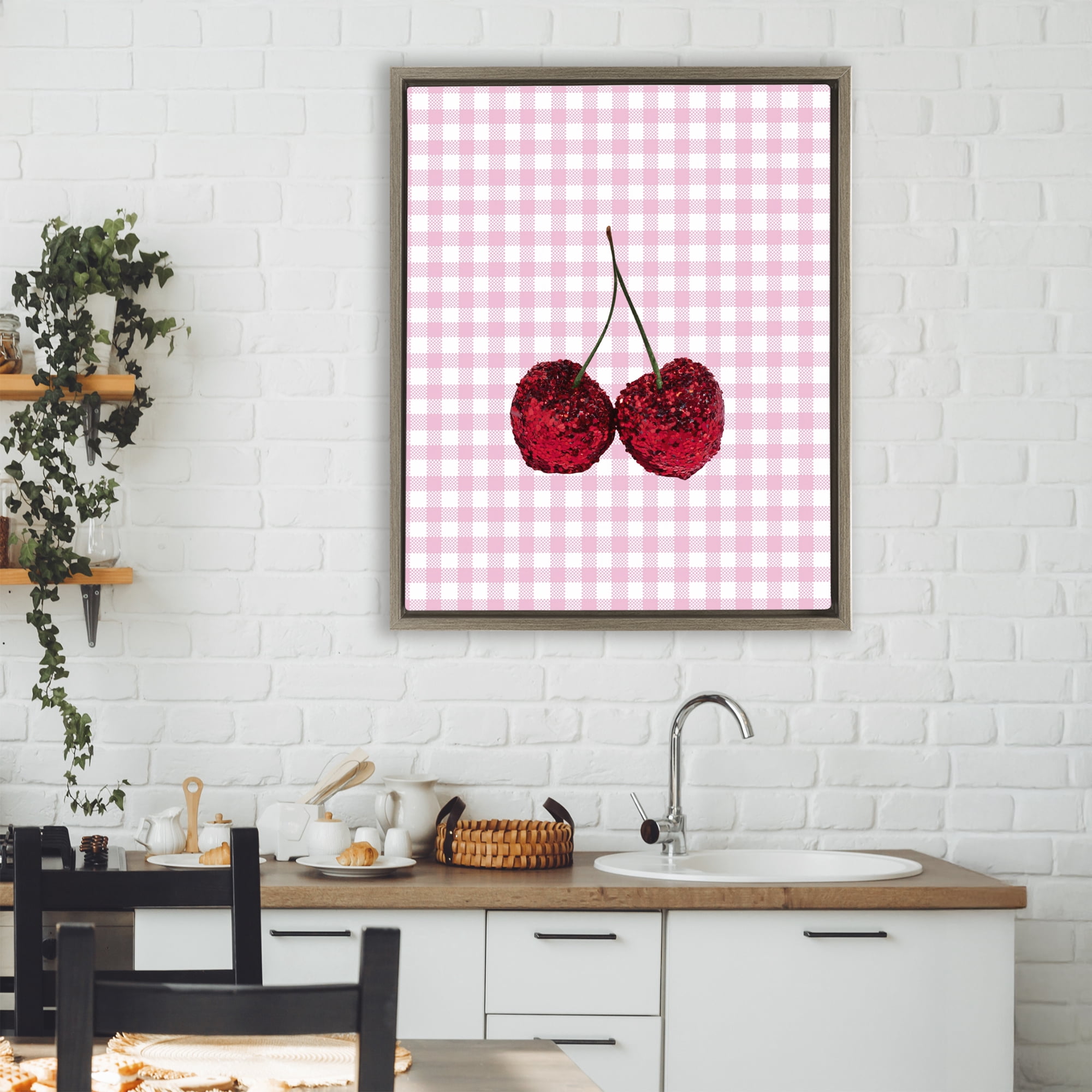 Stupell Industries Glitter Cherry on Pink Gingham Brown Framed Floater Canvas Wall Art, design by LISH Creative