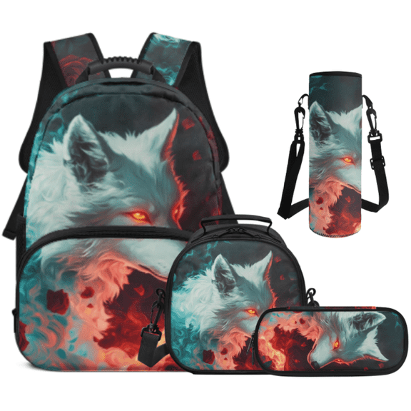 Binienty Fire Wolf Print 4 Pcs Set Bookbag with Lunch Box Pen Organizer Cup Sleeve with Large Capacity Reusable Kids Backpack Set