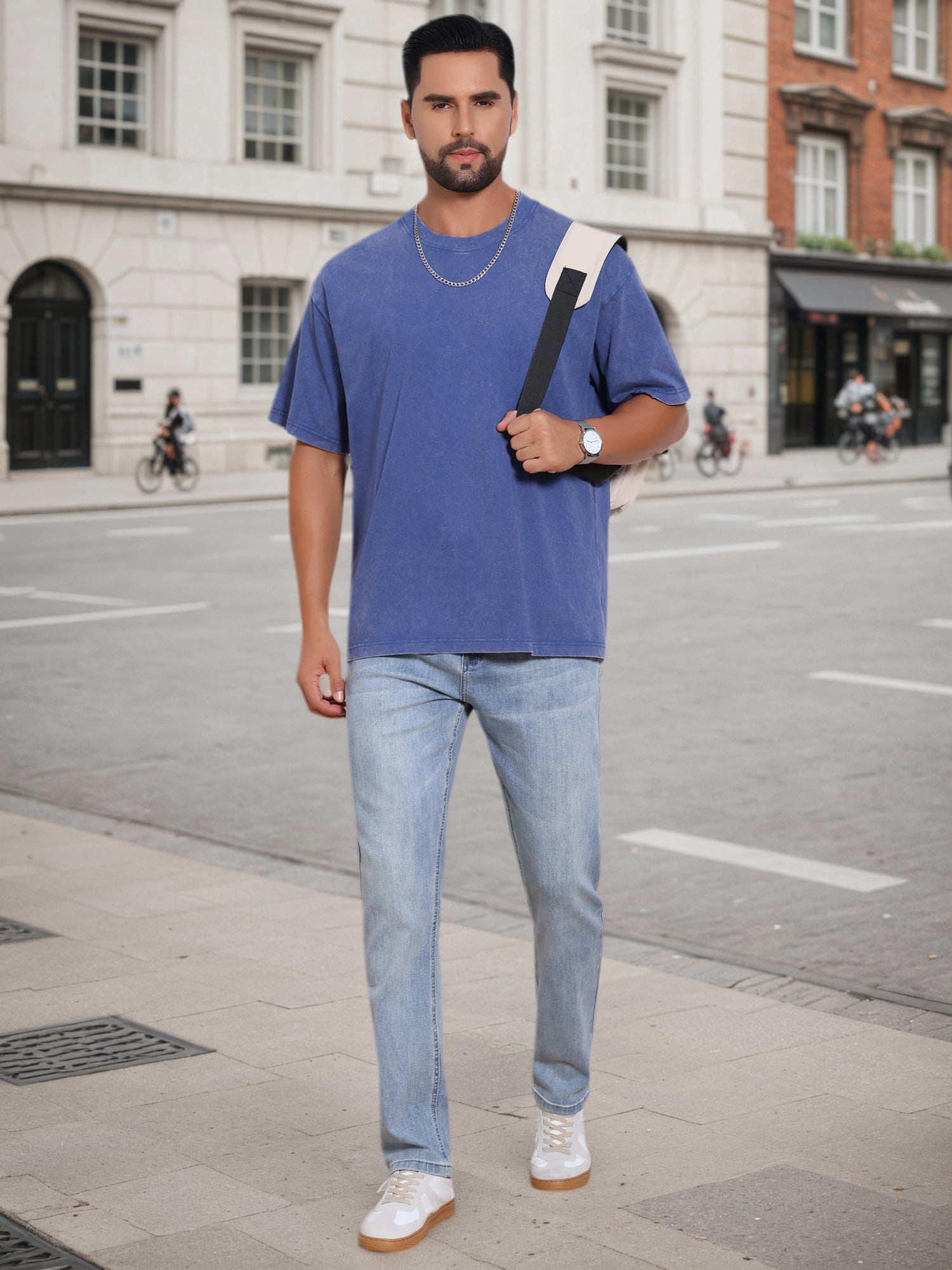 DARING DIVA Men's Retro Distressed Crew Neck Short Sleeve Solid T-Shirt 2XL Blue
