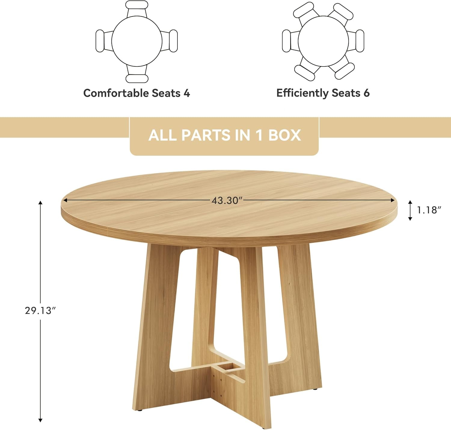 Round Dining Table for 4, 43" Farmhouse Kitchen Table, Wooden Circle Table, 300lb Capacity & Easy Assembly for Home Dining Room Kitchen Living Room (Natural Oak)