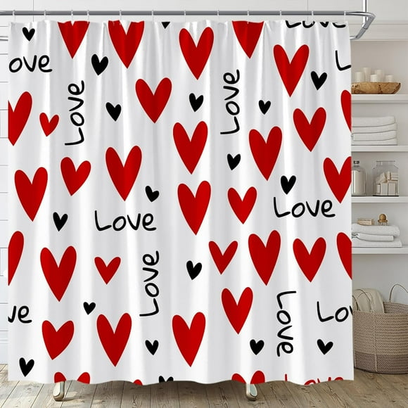 Rideau de Douche Cœur Rouge Saint-Valentin Amour Romantique Saint-Valentin Couple Doux Rideau de Salle de Bain en Tissu avec Crochets (84 Pouces L X 70 H)