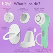 Spa Sciences NOVA Facial Cleansing Brush, Sonic Facial Cleansing for Exfoliation, Includes Antimicrobial Brush, Sensitive Skin Brush, and Serum Infuser, Mint