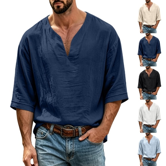 FRSASU Mens Linen Shirts Loose Fit Long Sleeve Basic T-Shirt Solid V Neck Hippie Yoga Pullover Tops White