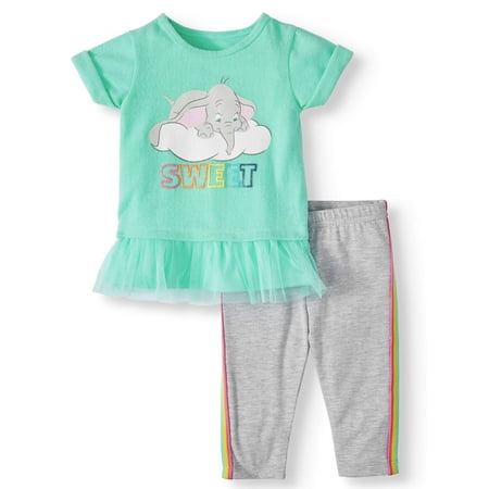 Disney Dumbo Baby Girl Short Sleeve Tulle Ruffle Tunic and Legging, 2pc Outfit Set