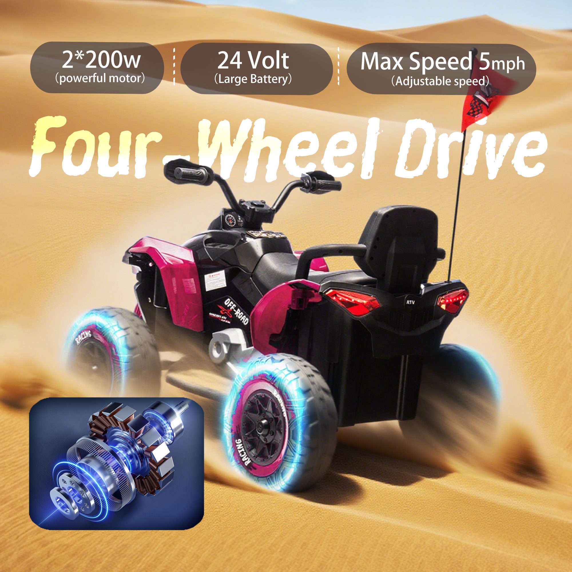 iRerts 24V Ride on ATV with Remote Control, Powered Ride on Toys Electric 4 Wheeler for Boys Girls Ages 3-12 Gifts, Kids Ride on Car Electric Vehicle with Pinktooth, Music, USB Port, LED Light, Pink