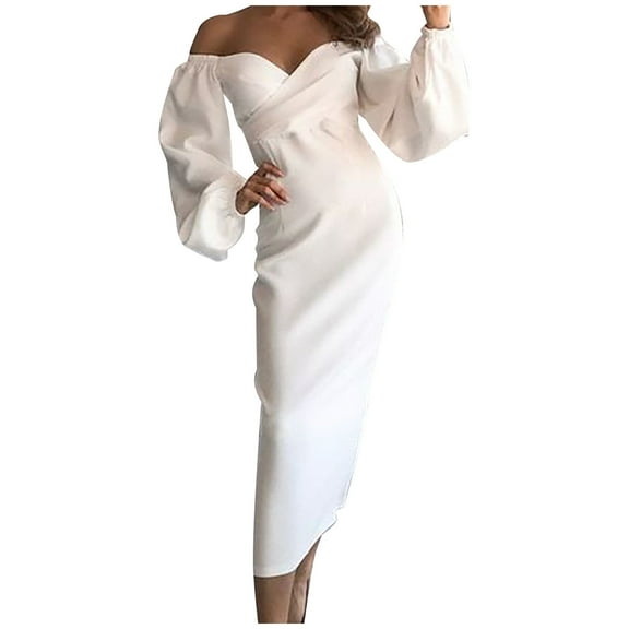LLYwey Homecoming Dresses Women Fashion Slim Party Shoulder V-Neck Solid Color formal Long Dress New Maxi Dresses White M