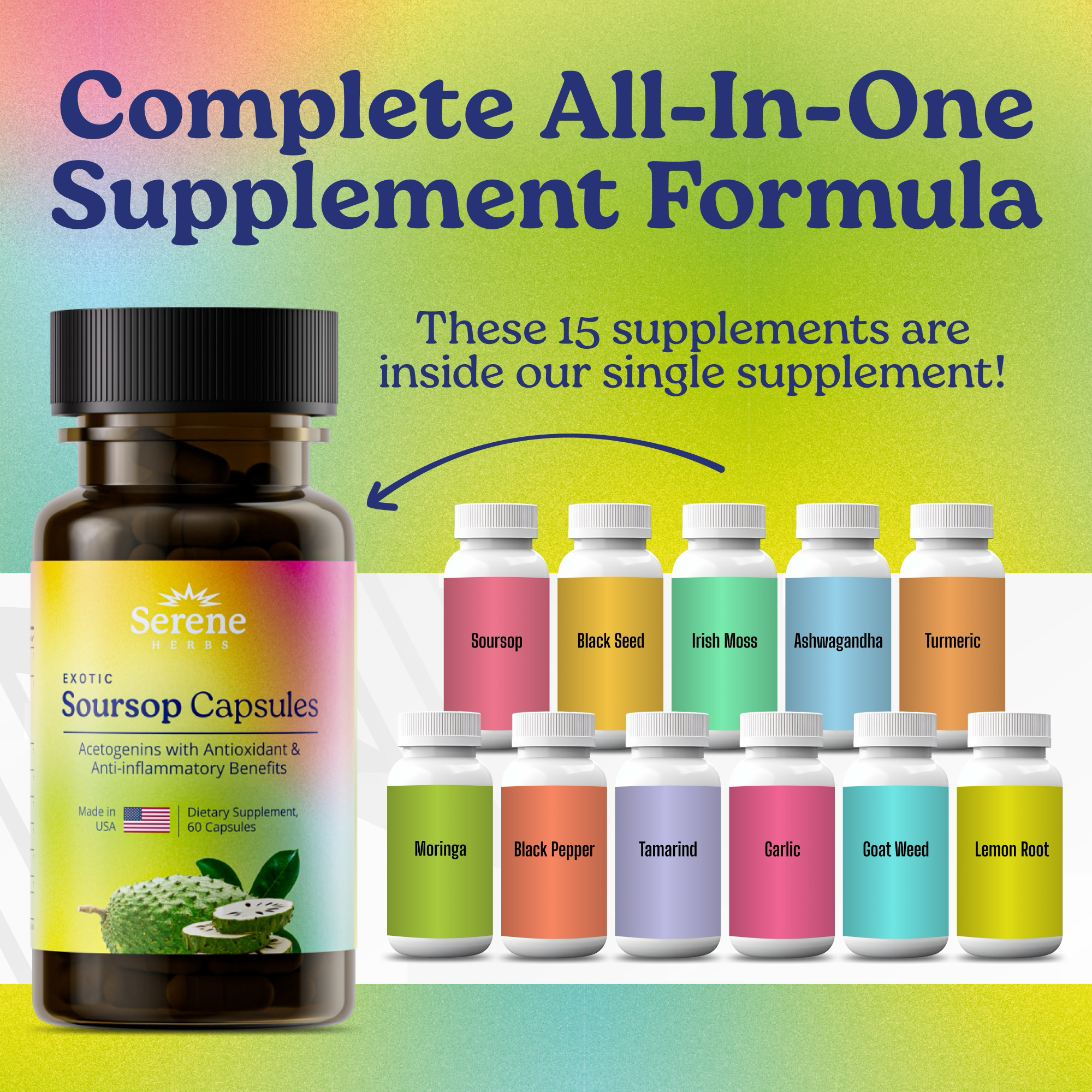 Serene Herbs Soursop Bitters & Soursop Capsules – Vegan Herbal Blend with Black Seed, Turmeric, Moringa, Ashwagandha & More – 60 Capsules